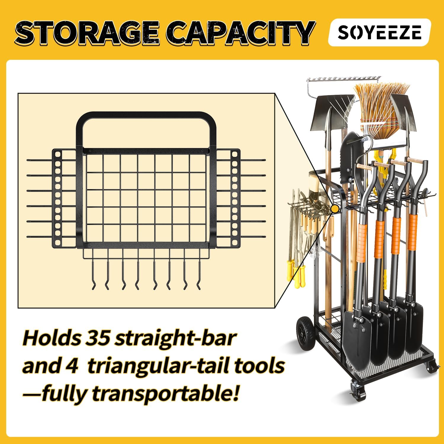SOYEEZE Garden Tool Organizer with Large Wheels, Heavy Duty 3-Tier Yard Tower Tool Rack for Garage, Holds Up to 35