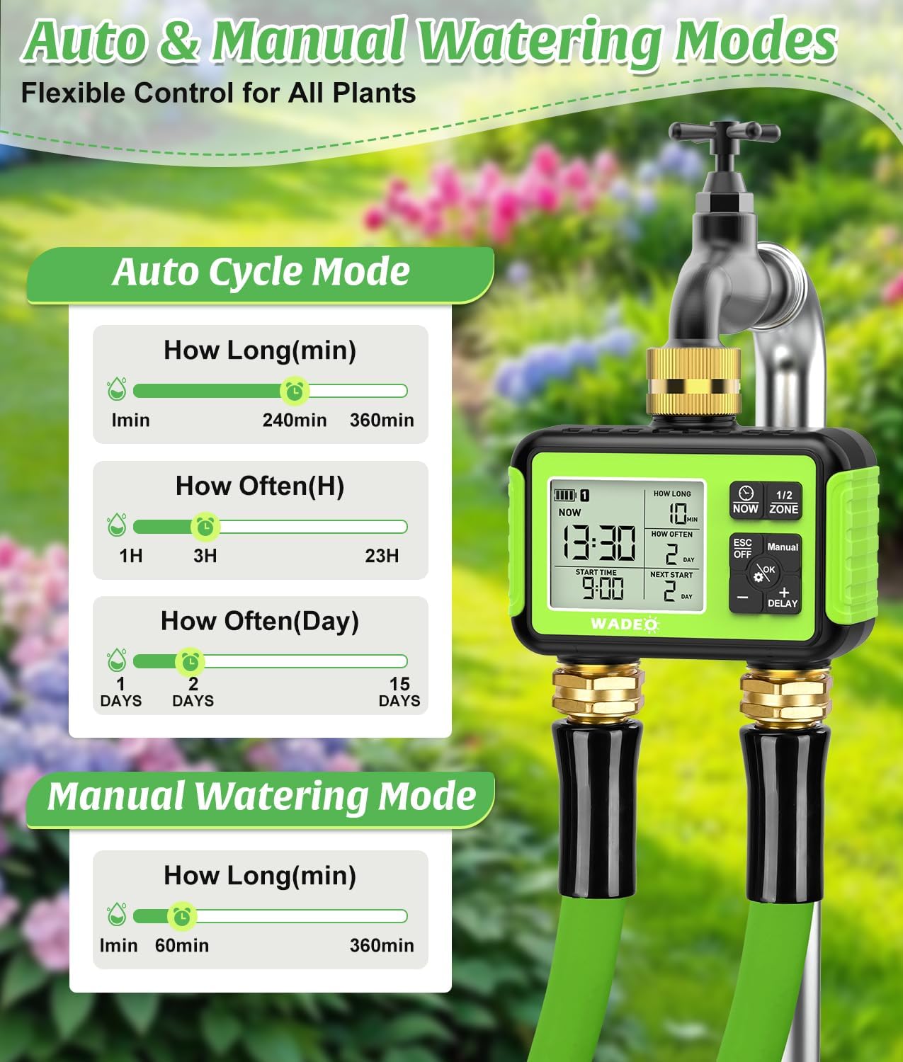 Brass 2 Zone Water Hose Timer, Waterproof Programmable Sprinkler Timer | Automatic Two Zone Irrigation Controller with