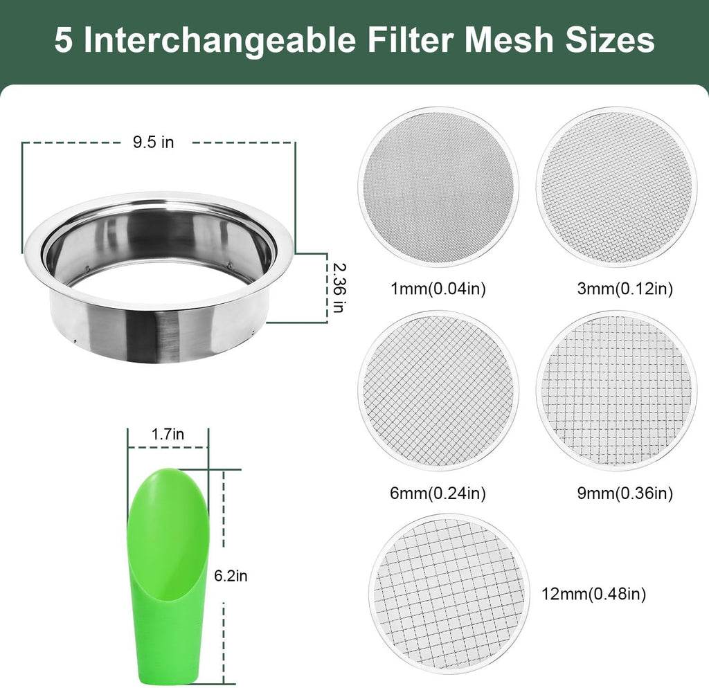 Soil Sieve Set Garden Soil Sifter Stainless Steel Mesh Sifter,Compost Sifter with 1,3,6,9,12mm Sieve Mesh and Bonsai