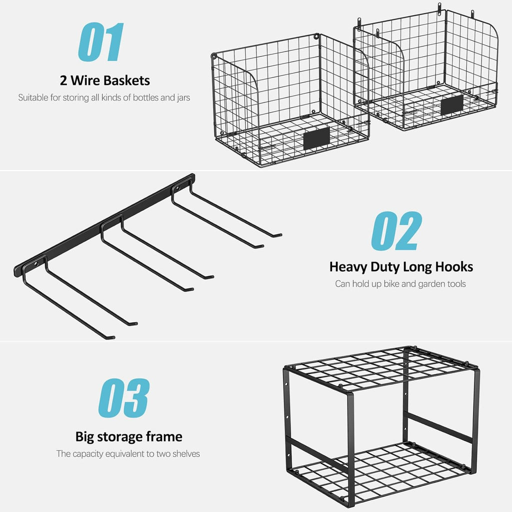 ThreeHio Garage Shelf Wall Mounted with Wire Baskets, Heavy Duty Garage Wall Shelving with Garden Tool Rack and Hooks