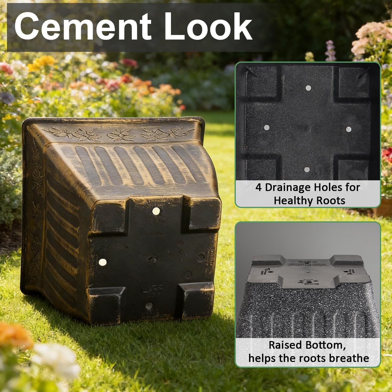 4-Pack 14 Inch Large Square Planters, Embossed Leaf Pattern, Antique Gold | Durable Plastic Plant Pots with Drainage &