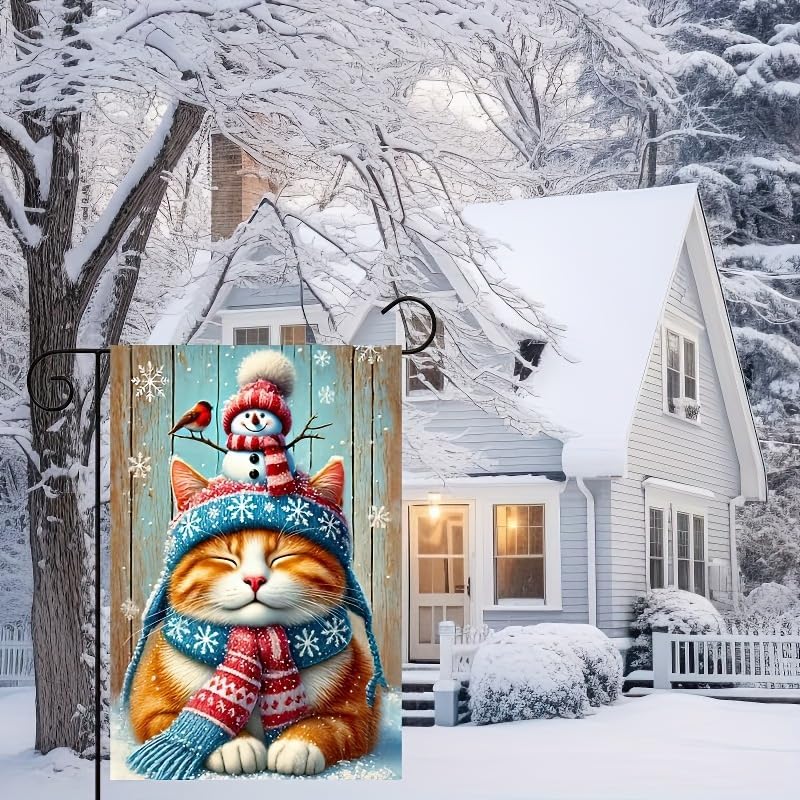 BlissYard Garden Flag Snowman Cat Red Hat Winter 12x18 Inch Polyester