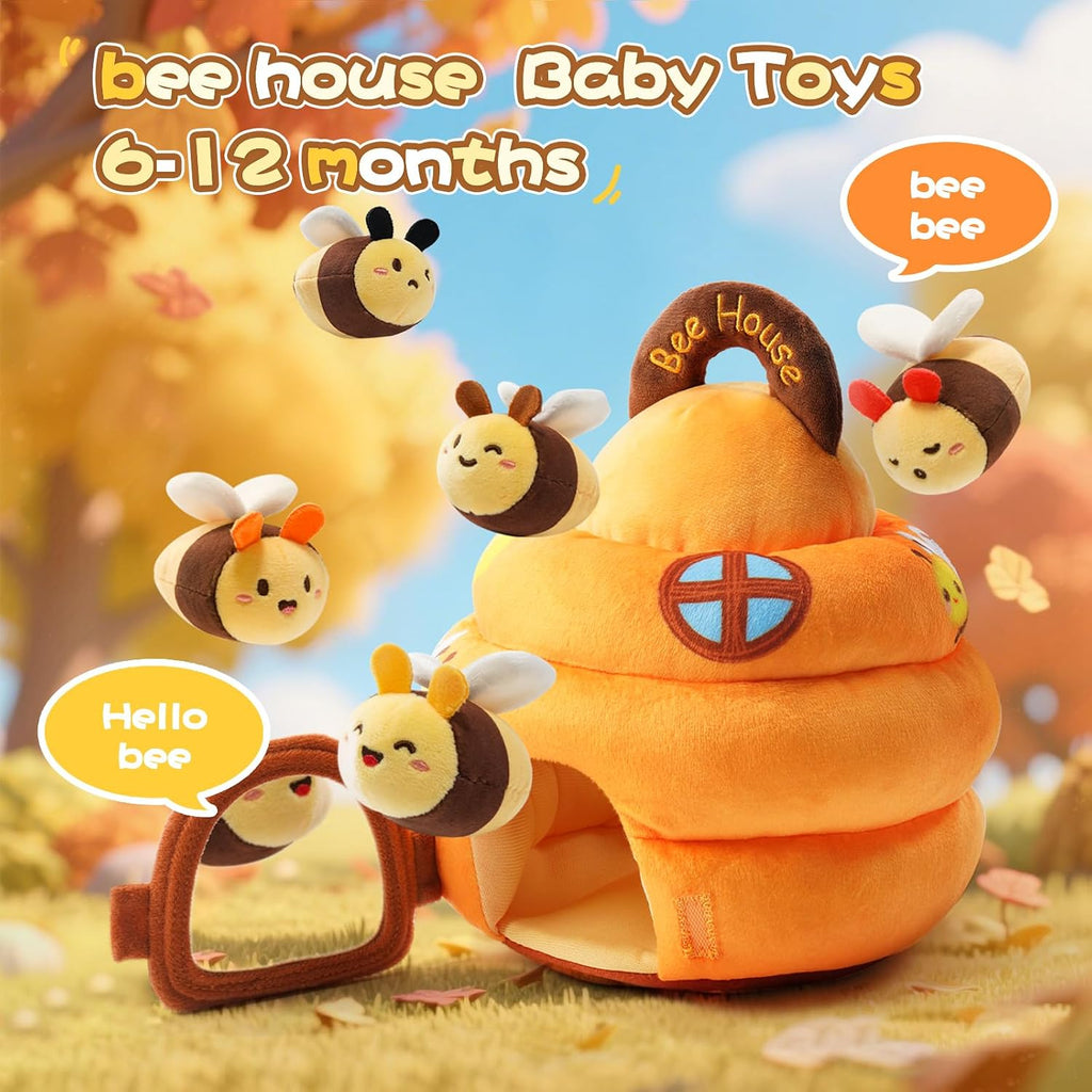 Koty Baby Toys 6-12 Months,Bee House Sensory Learning Toy, Beehive wtih wtih rattles, Squeaker, Mirror,5pcs Yellow