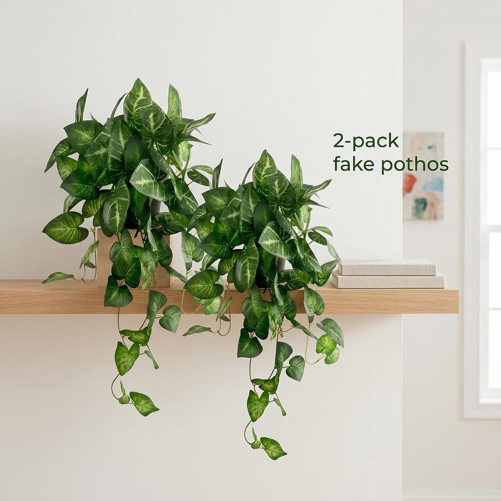 Artificial Pothos Hanging Plant, 25" Set of 2 Faux Ivy Vines with Pots | Fake Silk Realistic Hanging Greenery Plants