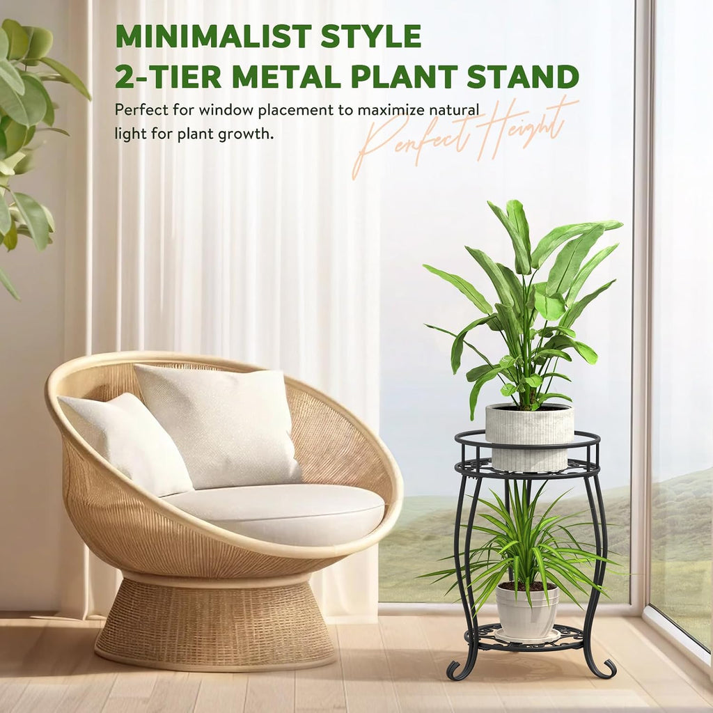 TOSKING 2-Tier & 9.1'' Single Metal Plant Stand Set,Indoor/Outdoor,Black | Single Stand with Adjustable Leveling Feet