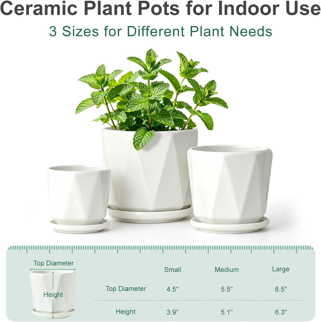 White Ceramic Planter Set of 3 with Drainage and Saucer, Indoor Plant Pots | Modern Geometric Flower Pots (6.5/5.5/4.5