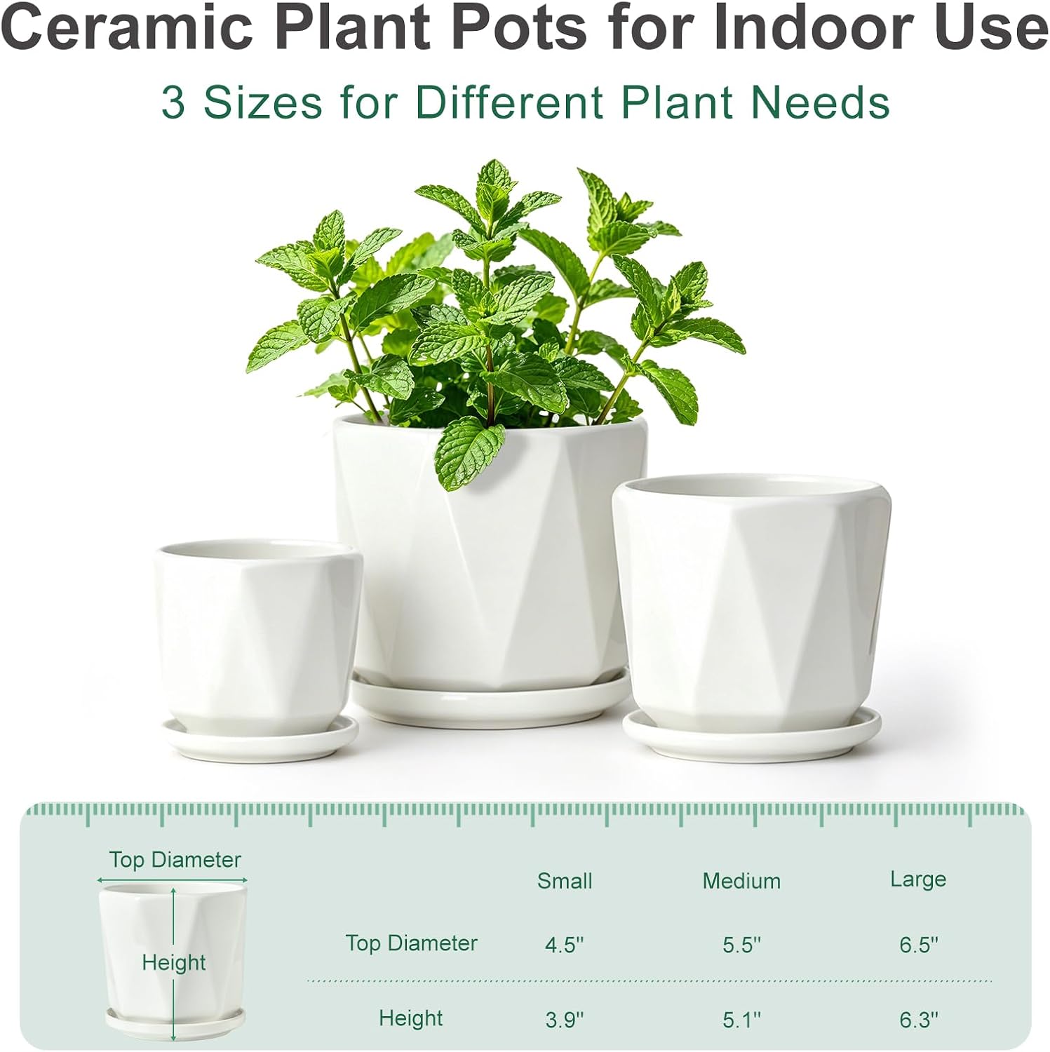 White Ceramic Planter Set of 3 with Drainage and Saucer, Indoor Plant Pots | Modern Geometric Flower Pots (6.5/5.5/4.5