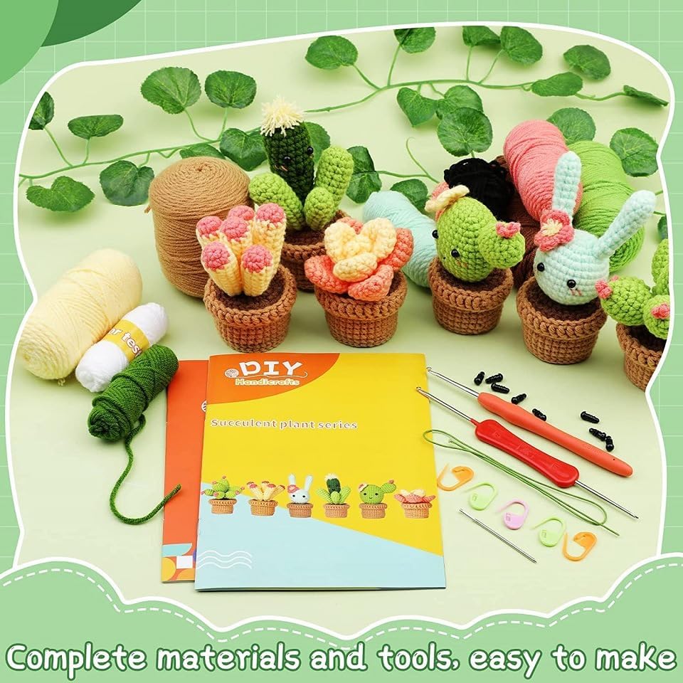 DIY Crochet Kit for Beginners, Potted Cactus Plants Set with Yarn, Hooks, Stitch Markers, Stuffing