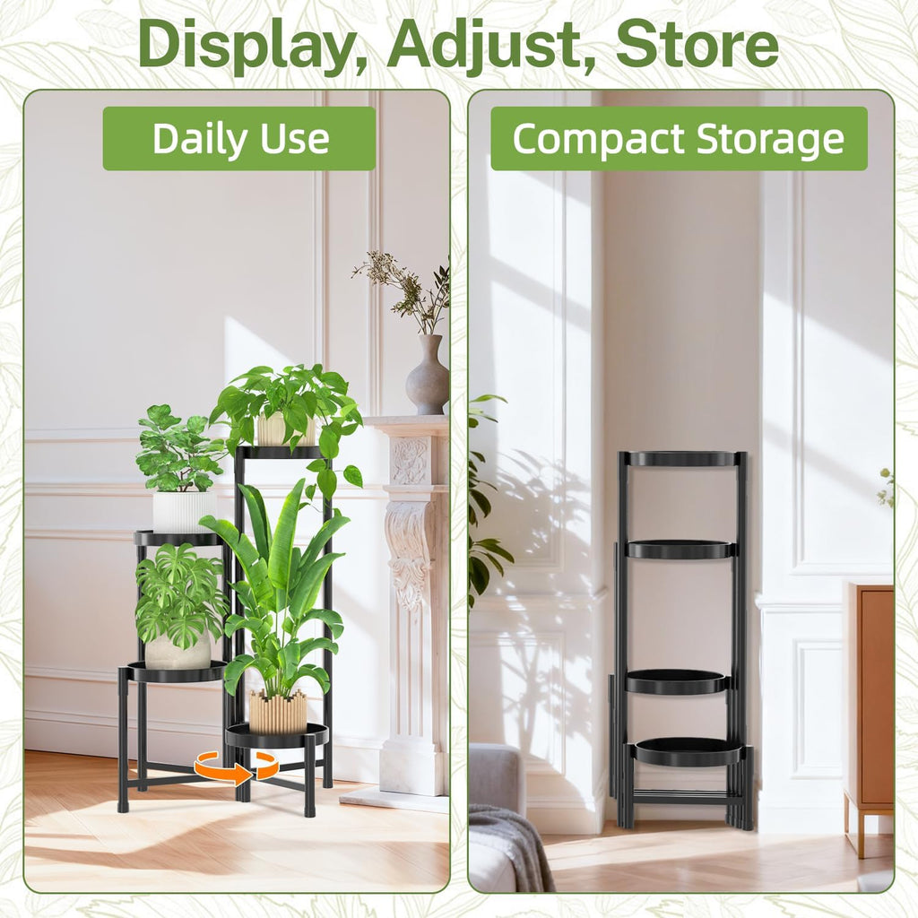 iDavosic.ly Plant Stand Indoor Outdoor, 4 Tier Metal Corner Shelf, Black | Tiered Flower Display Holder, Folding Multi