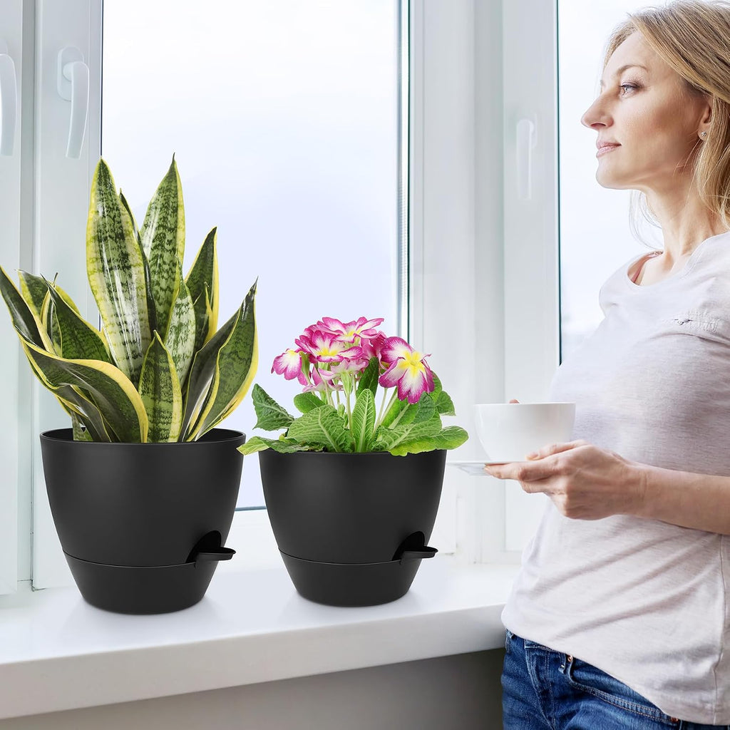 QRRICA Plant Pots 10/9/8/7.5/7 Inch Self Watering Pots, Set of 5 Plastic Planters with Drainage Holes and