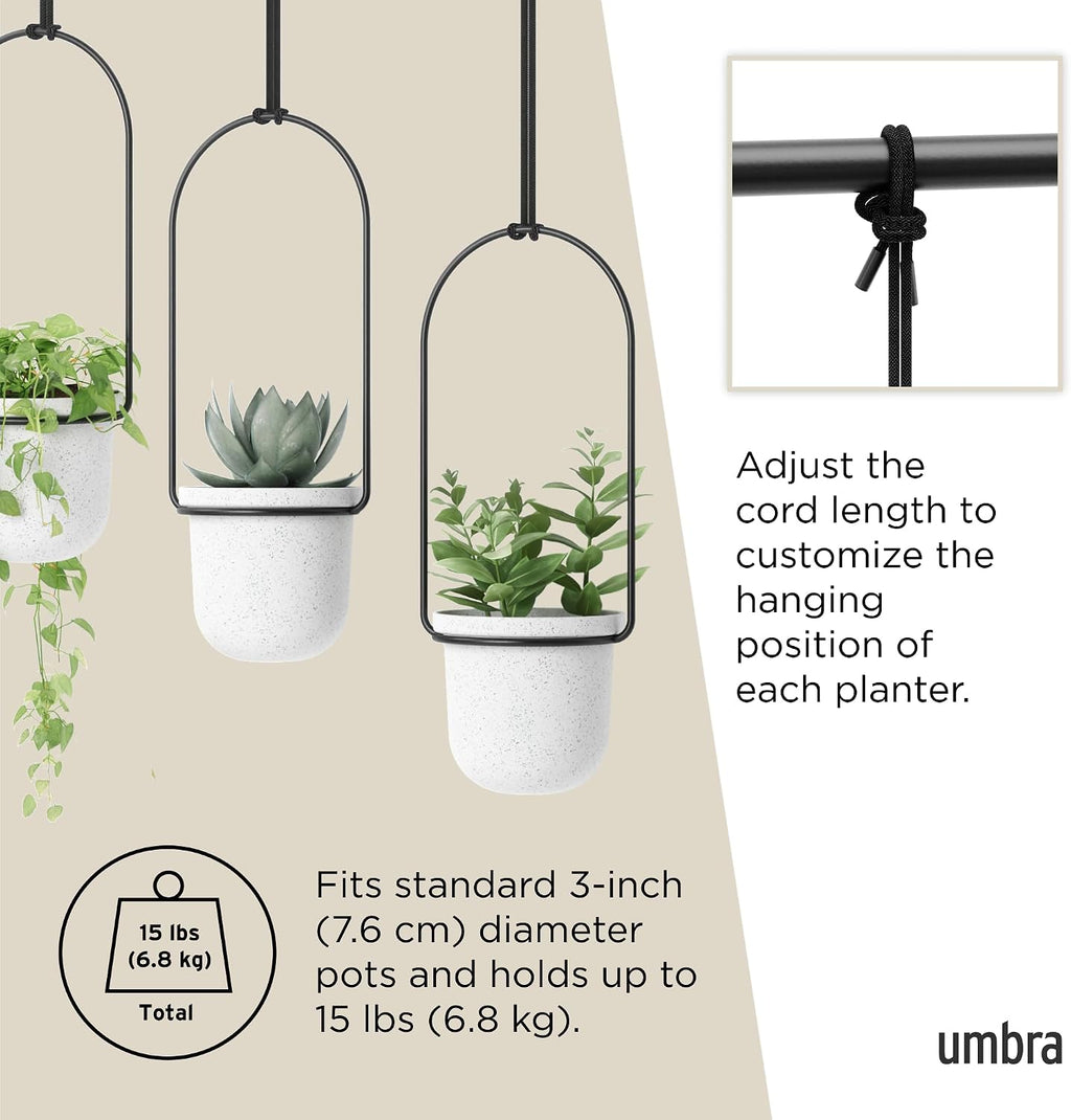 Umbra Triflora Hanging Planter, Indoor Herb Garden, Set of 3, White/Black | Extendable metal rod, adjustable rope