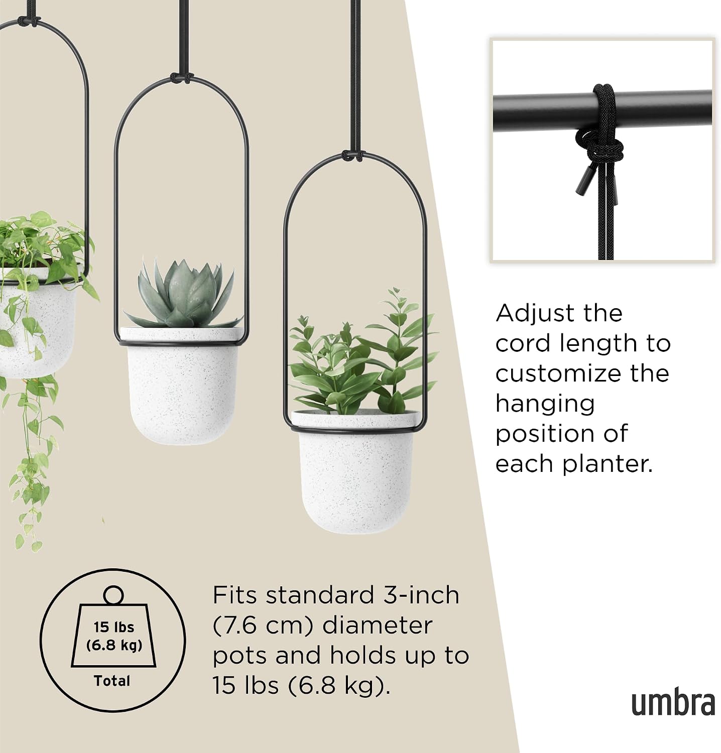 Umbra Triflora Hanging Planter, Indoor Herb Garden, Set of 3, White/Black | Extendable metal rod, adjustable rope