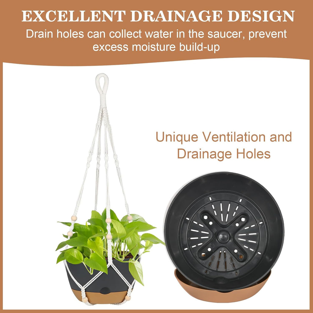 Hanging Planter for Indoor Plants, 3 Pack 10 Inch Self Watering Flower Pot with Macrame Plant Hanger, Metal Chain, S &