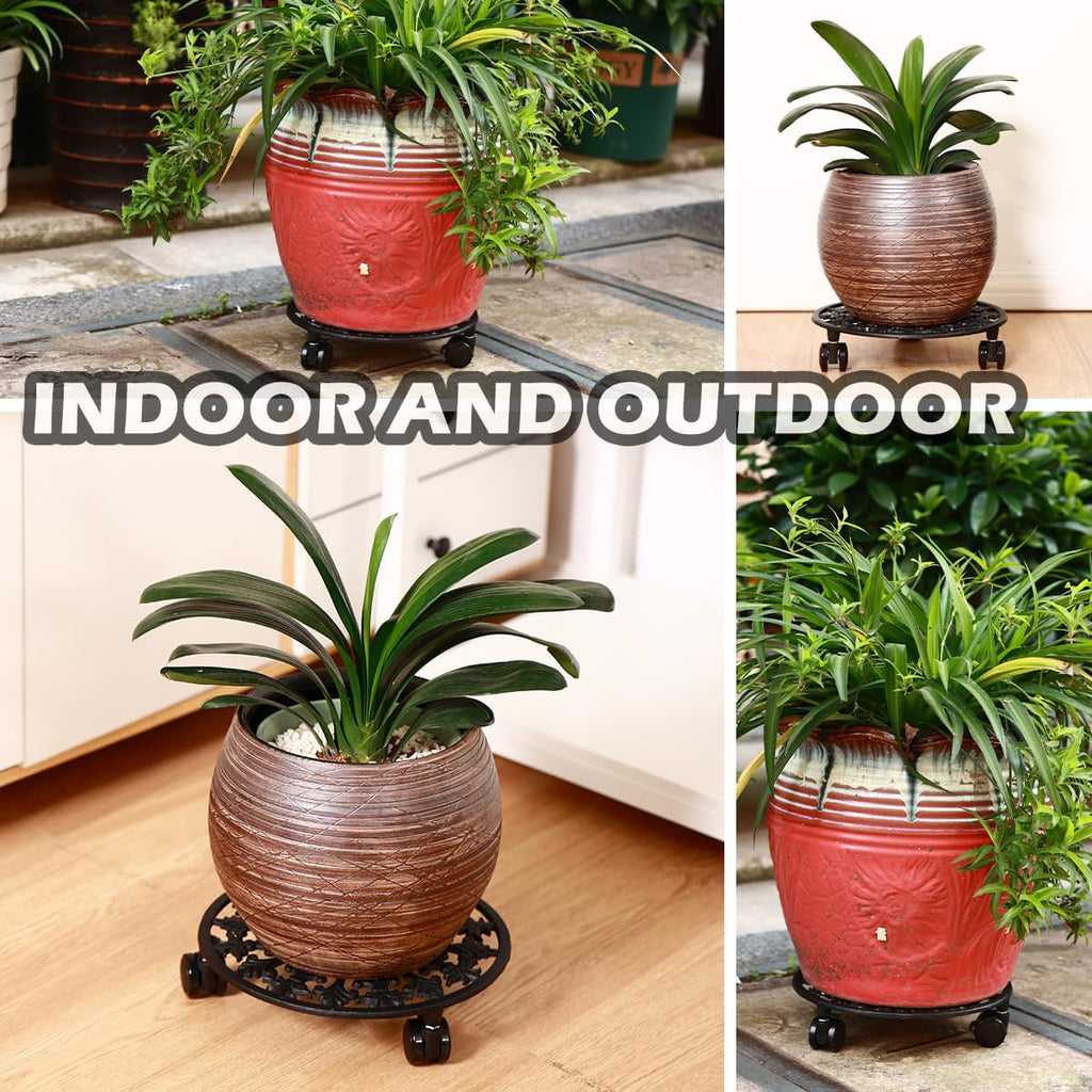 2 Pack Plant Caddy with Wheels, PlanterHoma 14 Inch Metal Plant Stand with Wheels Heavy Duty Wrought Iron Planter Dolly