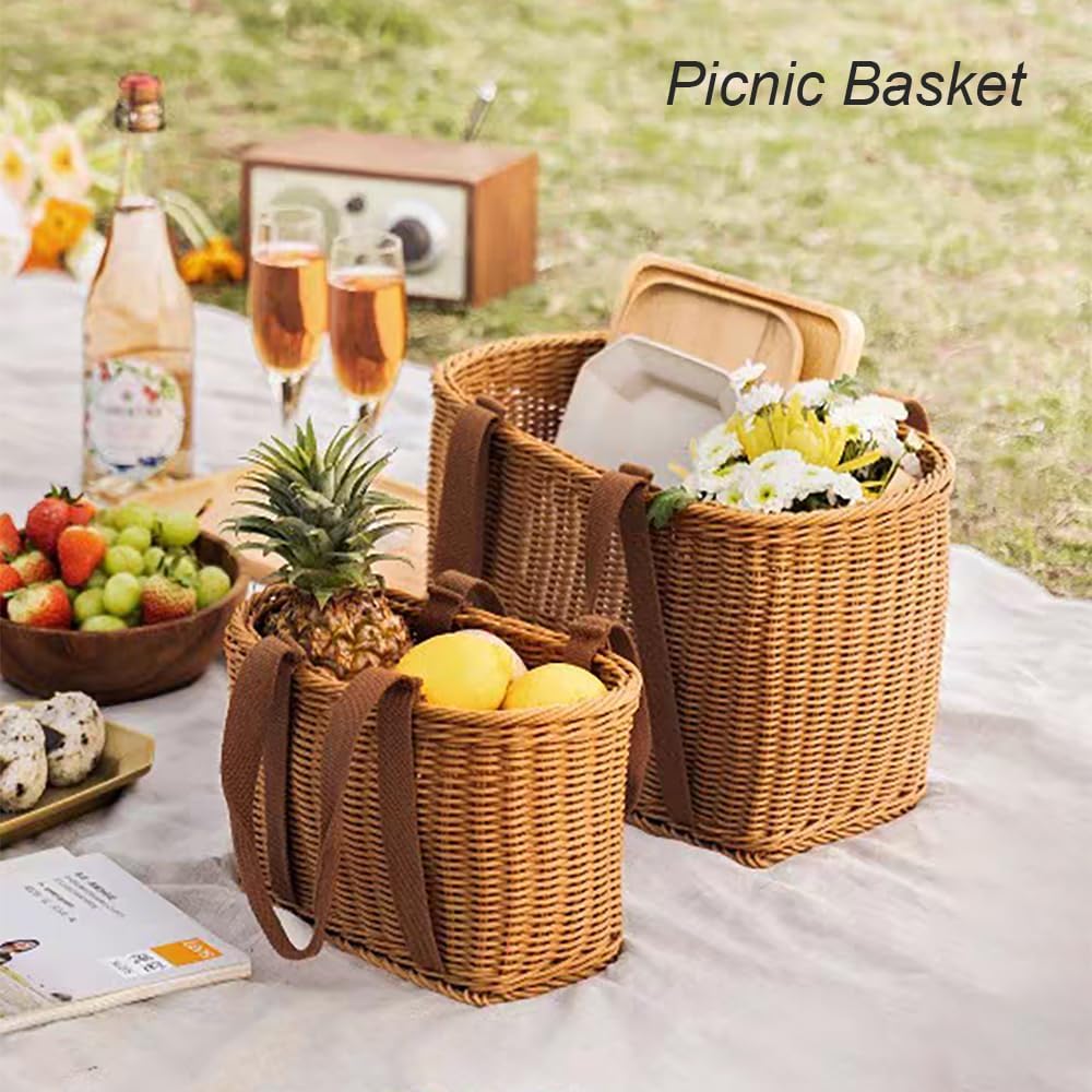 Large Wicker Picnic Basket, Garden Harvest Basket, Wicker Shopping Baskets with Cloth Handles, Reusable Handwoven