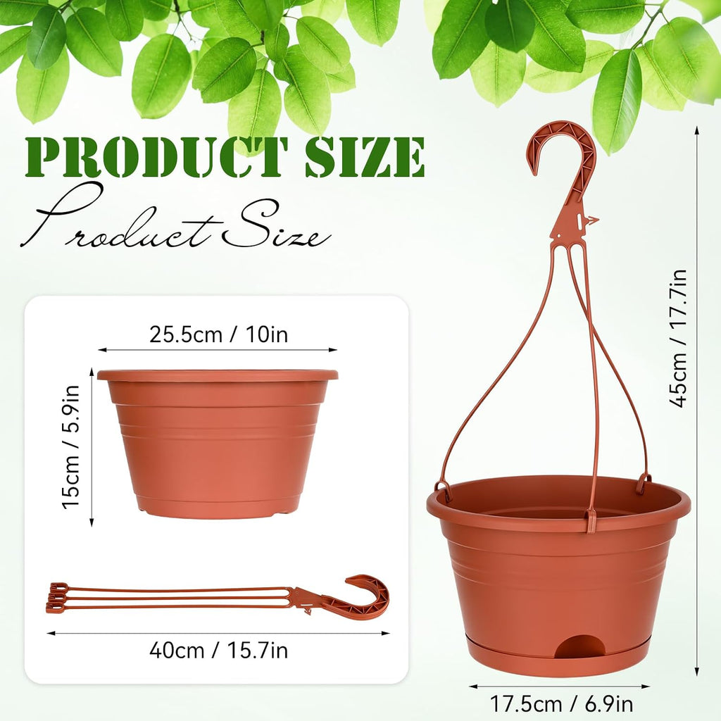Roshtia 10 Pcs 10 Inch Hanging Baskets for Plants, Brown | Large Plastic Hanging Basket Pots with Drainage Trays, Self