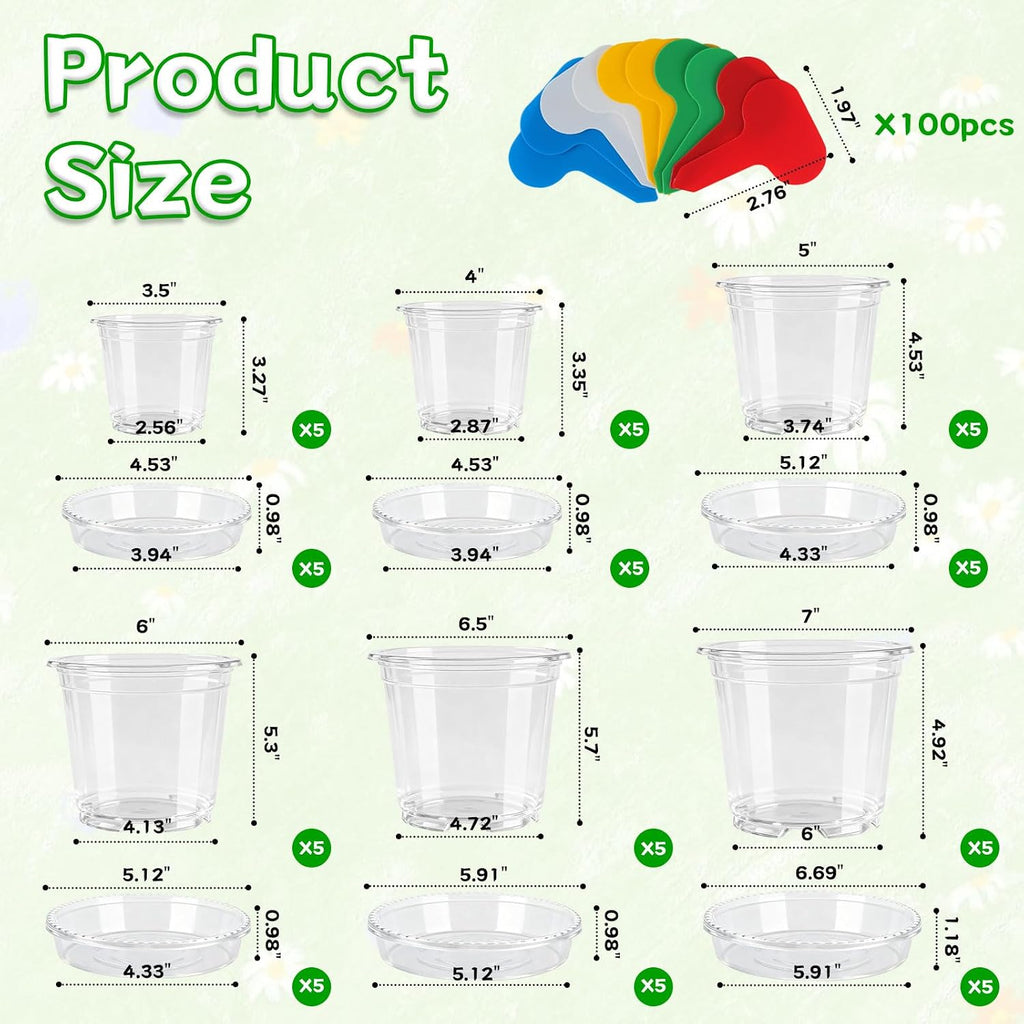 3/4/5/6/7 Inch Clear Nursery Pots with Drainage Holes and Saucers 30 Pack | Transparent Plastic Pots for Plants Flowers