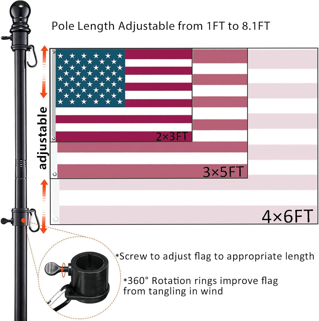 Black Flag Poles for Outside - 8.5FT Metal Outdoor Yard Flag Pole Holder with 2 Prongs Base - 3x5FT American Flag with
