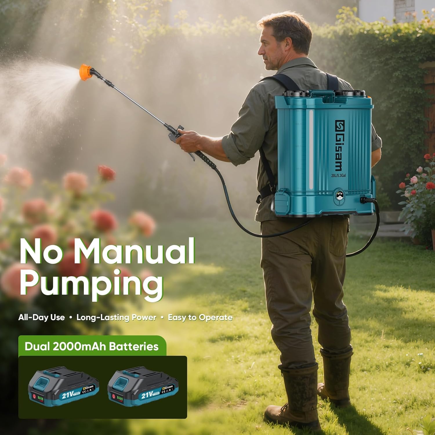 Gisam 5.3 Gal Battery Powered Backpack Sprayer-2 Batteries,Water Markings | 120PSI Adjustable Pressure,Telescopic Wand
