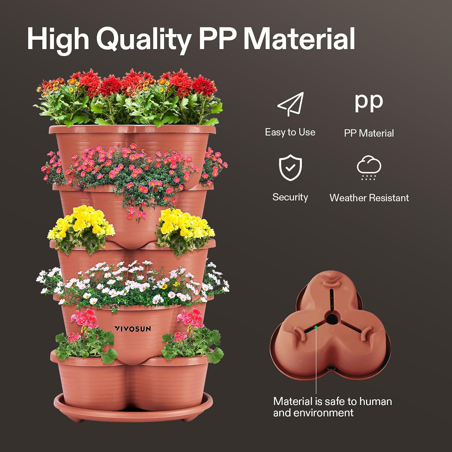 VIVOSUN 5 Tier Vertical Gardening Stackable Planter for Flowers, Brown | Planter for Flowers, Herbs, Vegetables, Brown