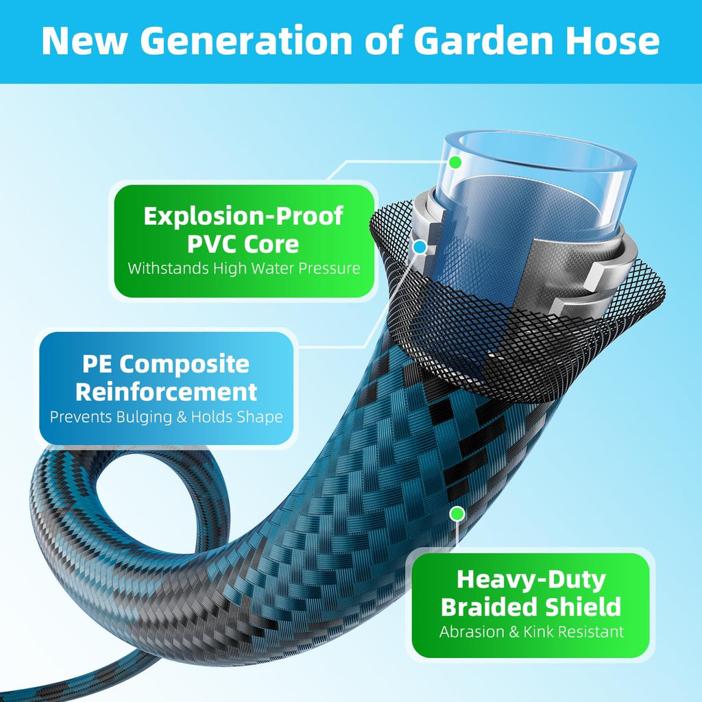 Garden Hose, Non-Expandable Water Hose 100ft, Flexible, Kink & Leak Proof Water Pipe with 10-Function Spray Nozzle