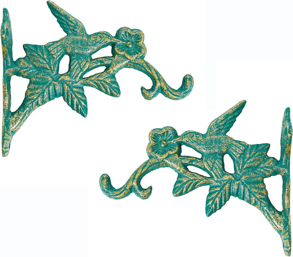 Sungmor Cast Iron Hanging Plant Brackets, 7.2 Inches Long 2 Pack Green | Wall Mounted Flower Pot Hooks, Outdoor Bird