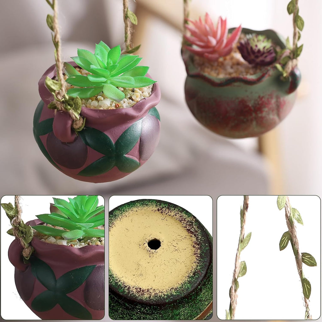 4 Piece Boho Ceramic Hanging Planters with Drainage Holes – Adorable Indoor Outdoor Succulent Flower Pots, Unique Home