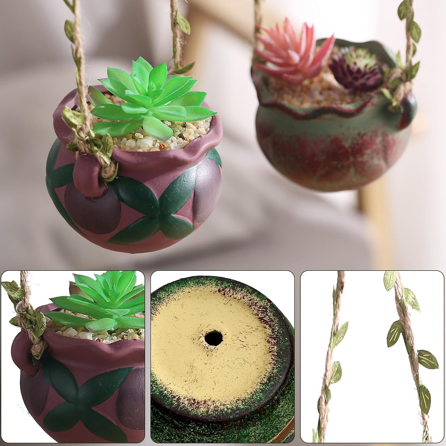 4 Piece Boho Ceramic Hanging Planters with Drainage Holes – Adorable Indoor Outdoor Succulent Flower Pots, Unique Home