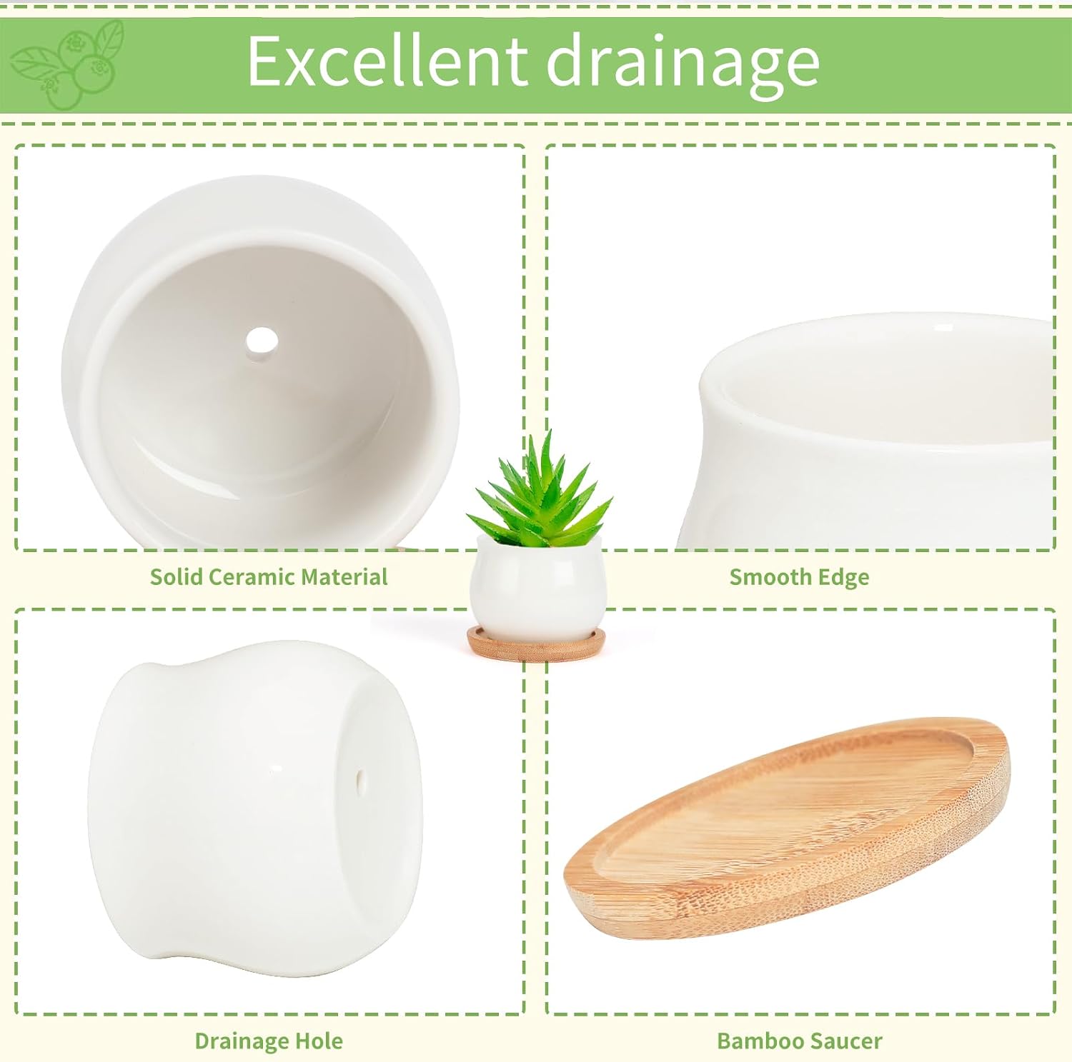 SHECIPIN Succulent Pots, White Mini 2.5 inch Ceramic Flower Planter Pot with Bamboo Tray, Pack of 12 - Plants Not