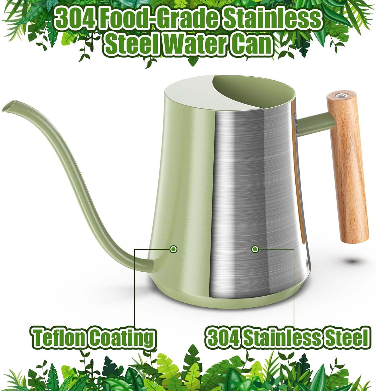 1L/35oz Metal Watering Can Indoor with Long Spout, Sage Green | Metal Stainless Steel Watering Can with Wood Handle for