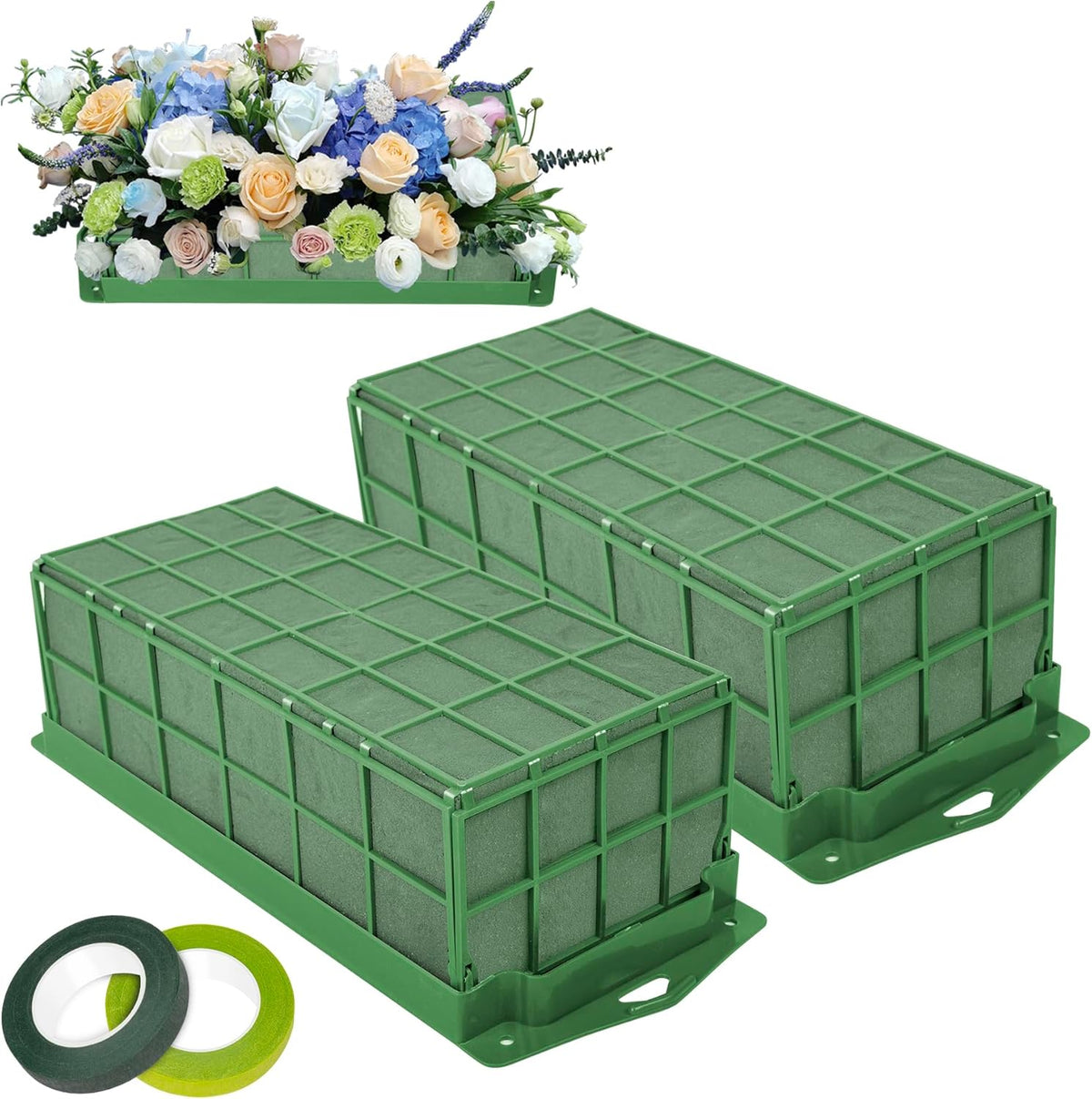 2PCS Floral Foam Cage, Flower Cage Holder, Dry and Wet Rectangle Flower Arrangement, Hangable Green Blocks Floral Foam Cages for Artificial Flesh Flower Wedding Holiday, Home, Garden Party Decorations
