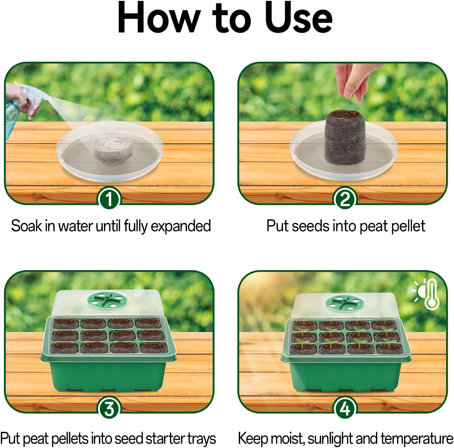 Seed Starter Tray with Peat Pellets, Green Starting Seeds Kit for Plants | 8 Trays (96 Cells) + 100 Organic Peat