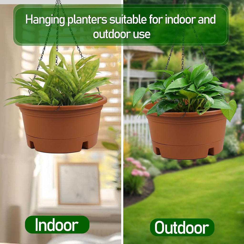 4 Pack 12 Inch Large Plastic Hanging Planters for Outdoor Plants | Plastic Hanging Basket Pots with Drainage Trays &