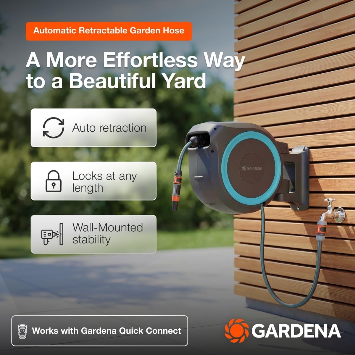 GARDENA Retractable Garden Hose Reel - 115 Feet - Auto Retract Hose Reel with 180° Swivel Wall Mount - Heavy Duty