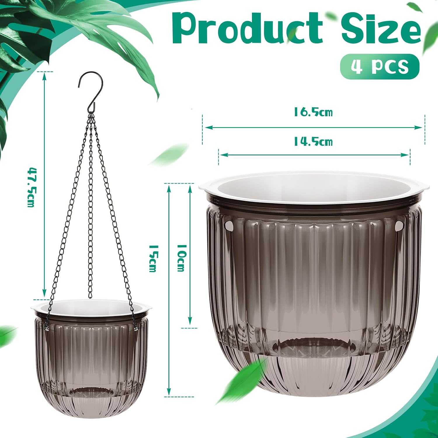 4 Pcs Self Watering Hanging Planter Indoor 6.5 Inch Hanging Baskets for Plants Outdoor Plastic Flower Pot with 3 Hooks