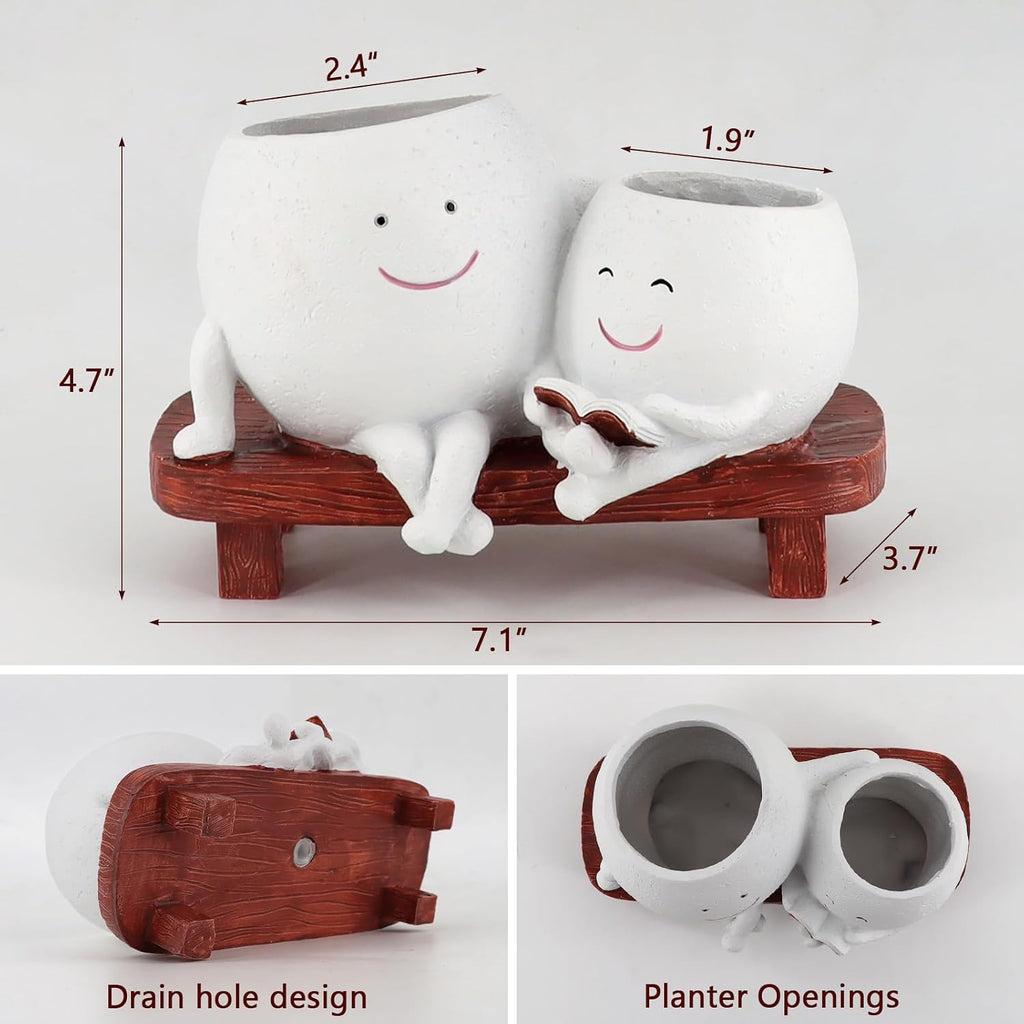 Meltset Cute Face Planter Pot - Funny Double Head Planter Sitting on Bench, Smiley Succulent Pot with Drainage Indoor