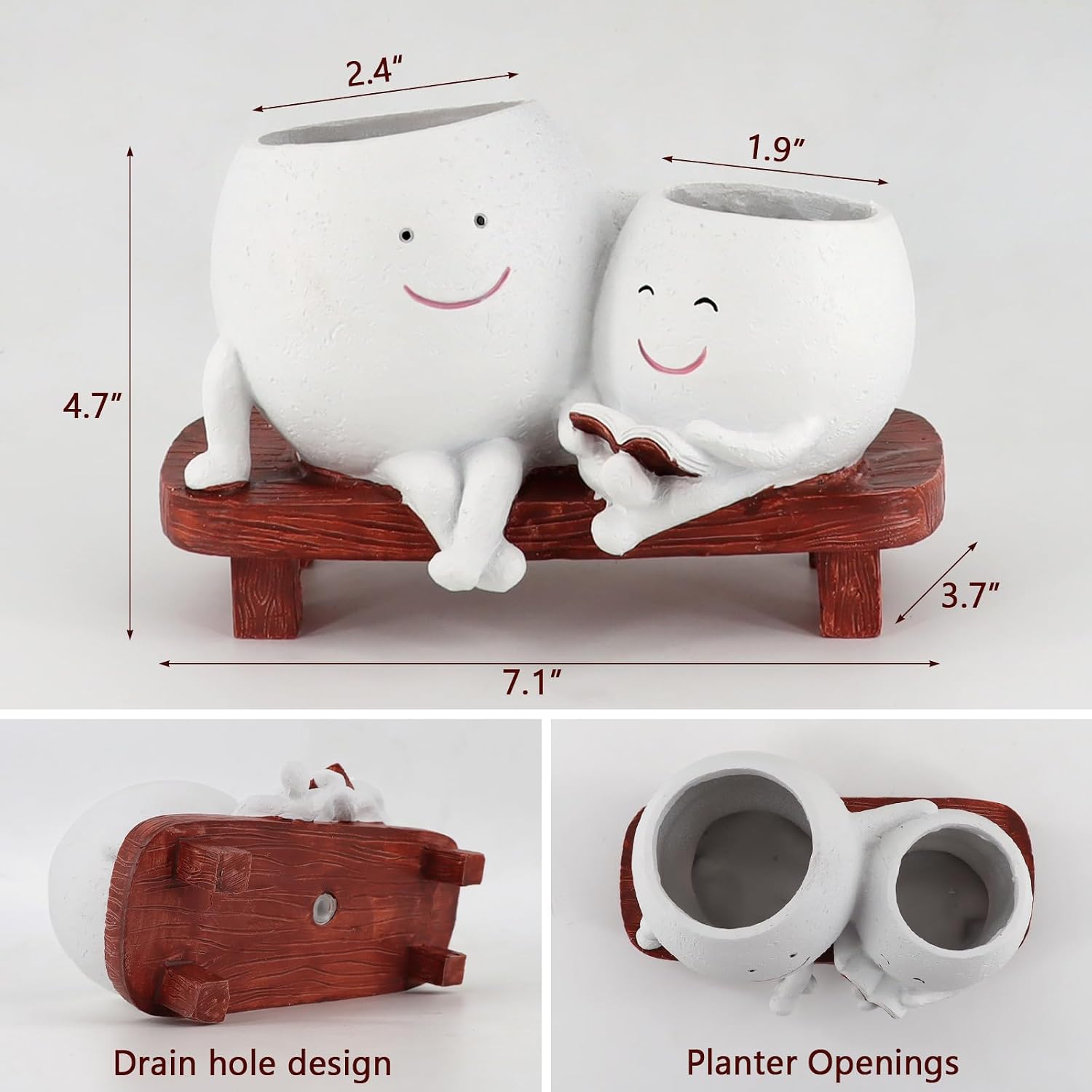 Meltset Cute Face Planter Pot - Funny Double Head Planter Sitting on Bench, Smiley Succulent Pot with Drainage Indoor