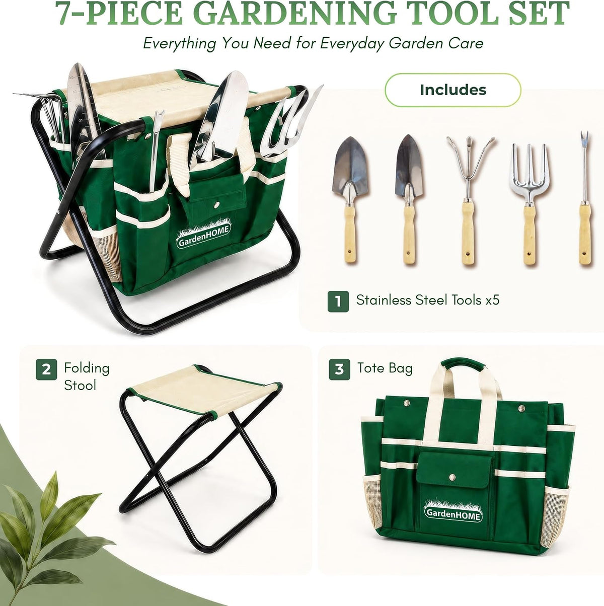 7-Piece Gardening Tool Set with Folding Stool and Storage Tote Bag, Stainless Steel Garden Tools with Wooden Handles