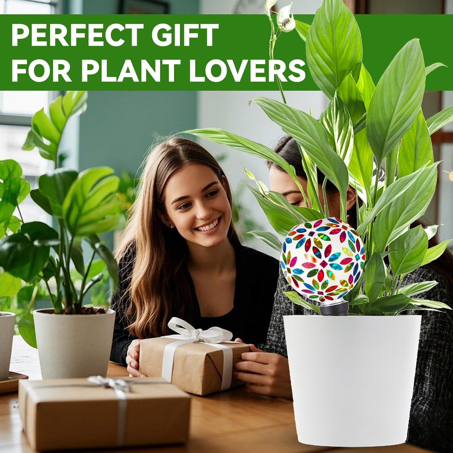 VOREEN Mosaic Glass Plant Watering Globes 2 Pack 500ml with Terracotta Spikes, Handmade Self-Watering Stakes for