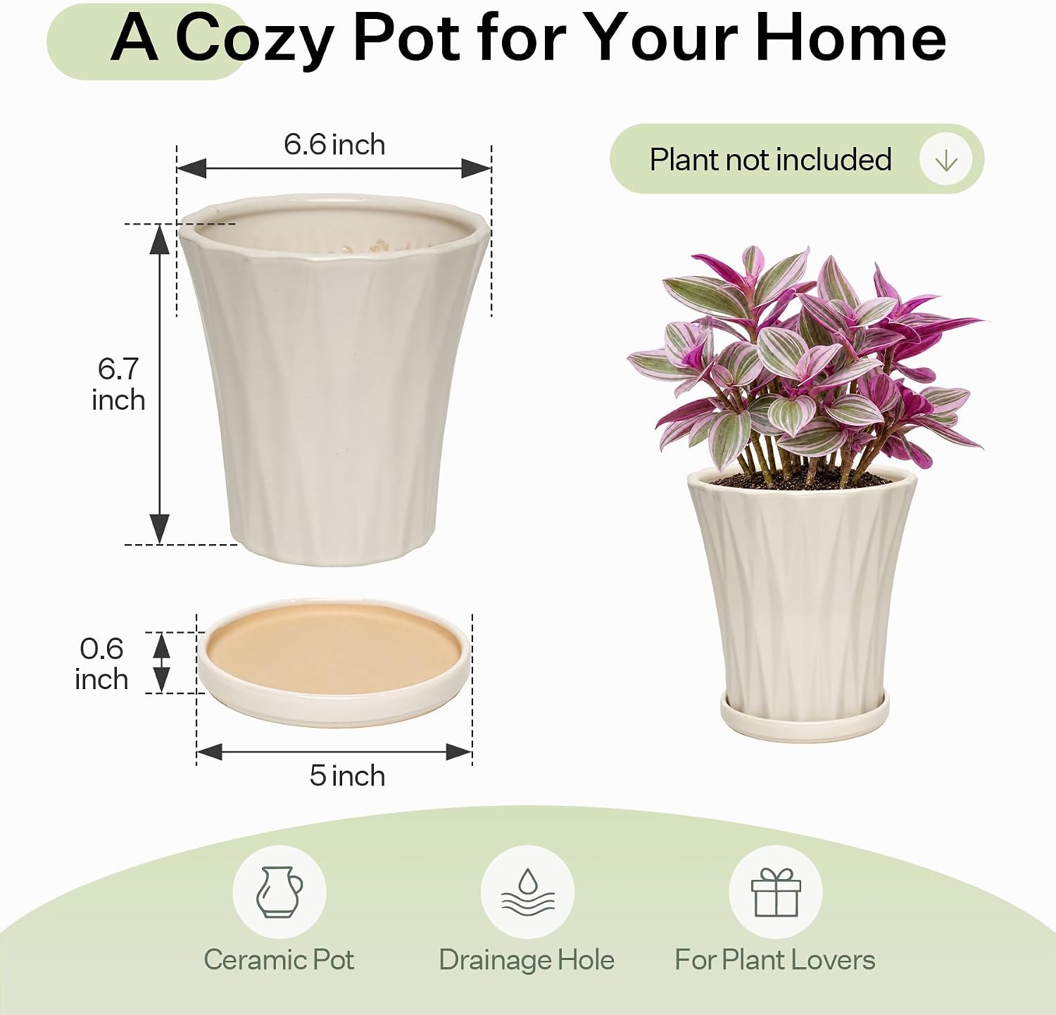 6.6 Inch Ceramic Planters with Drainage Hole and Saucer,Indoor Outdoor Large Flower Pots, Garden Pot for Plant Lovers