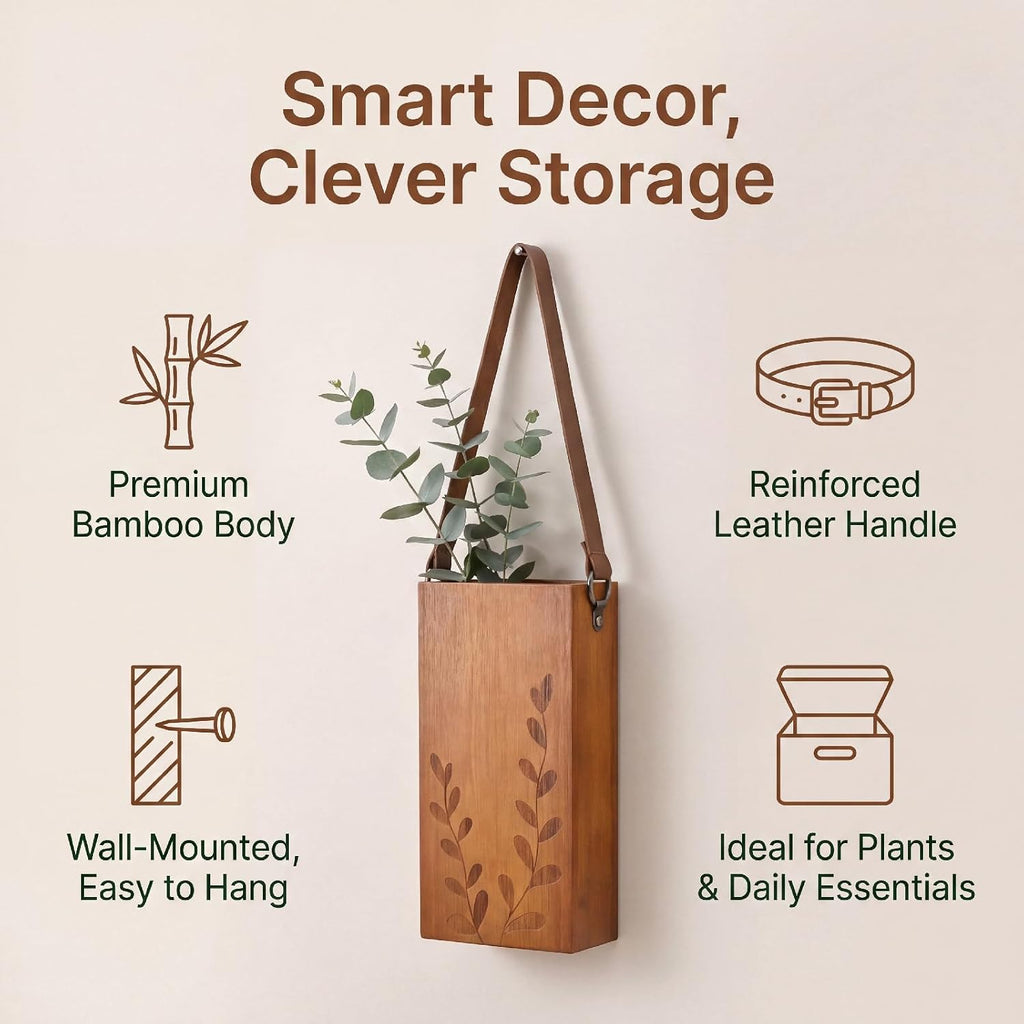 Set of 2 Bamboo Wall Planters Indoor Plants Brown Wood Wall Vase with Durable Leather Handle Boho Wall Decor Living