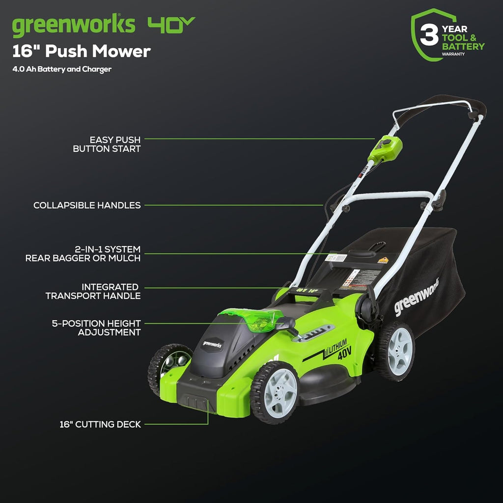 Greenworks 40V 16 in Push Lawn Mower, 4.0 Ah Battery and Charger