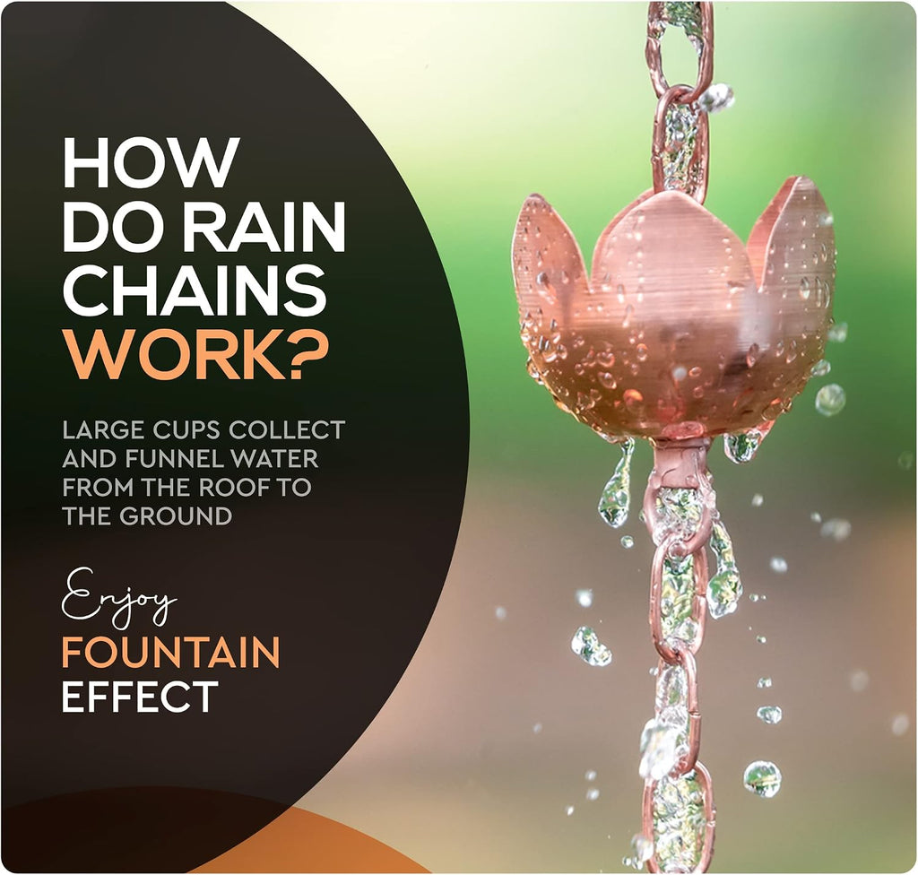 Copper Rain Chain – Decorative Chimes & Cups Replace Gutter Downspout & Divert Water Away from Home for Stunning
