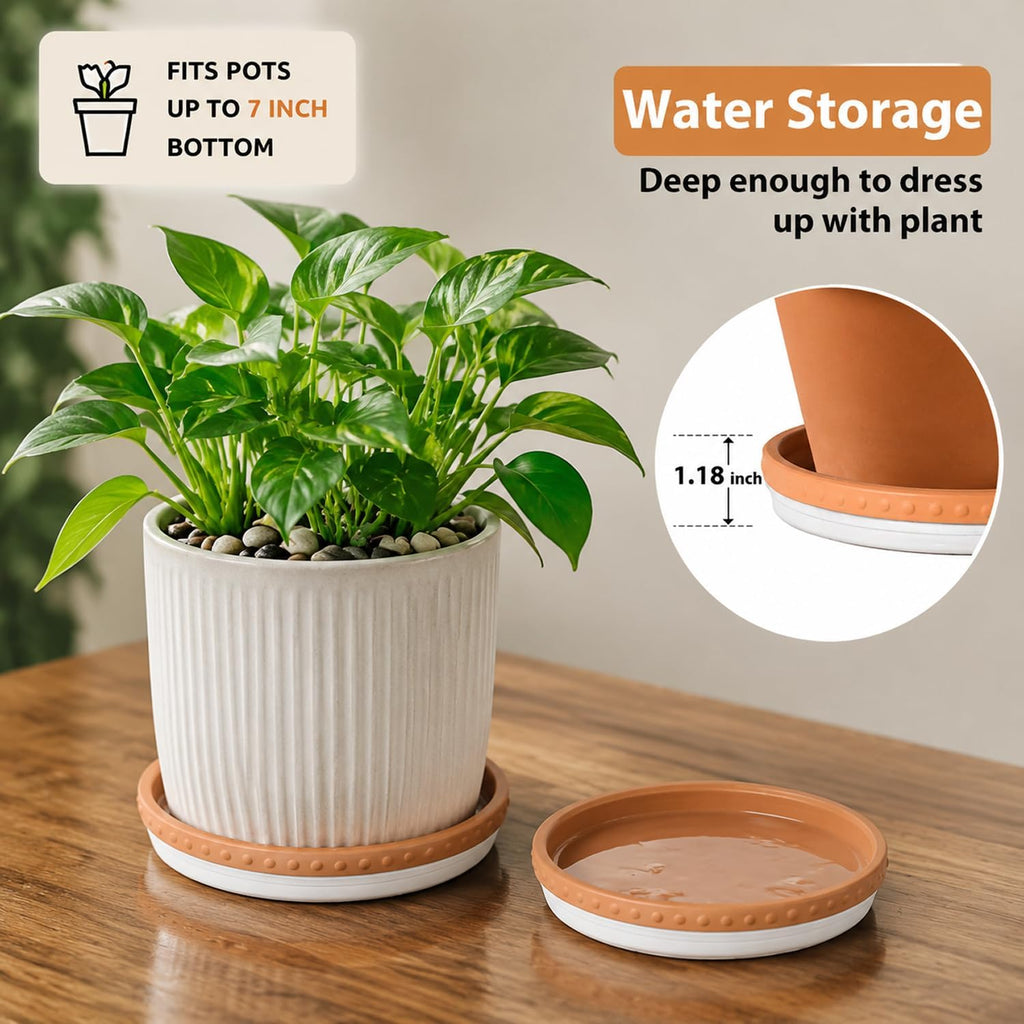 YBX 8-inch Plant Saucer Premium Terracotta Saucer Round Ceramic Plant Trays, Pack of 2 (White/Terracotta) | Glazed