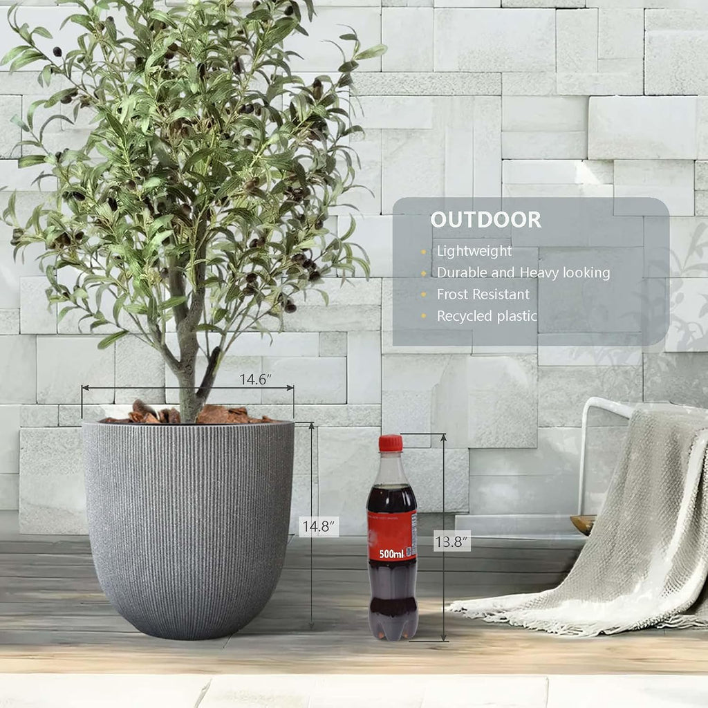 14.8"H Tall Tapered Ribbed Large Plastic Planter w/ Drainage Hole & Plug | Durable & Weatherproof, Indoor Outdoor Use