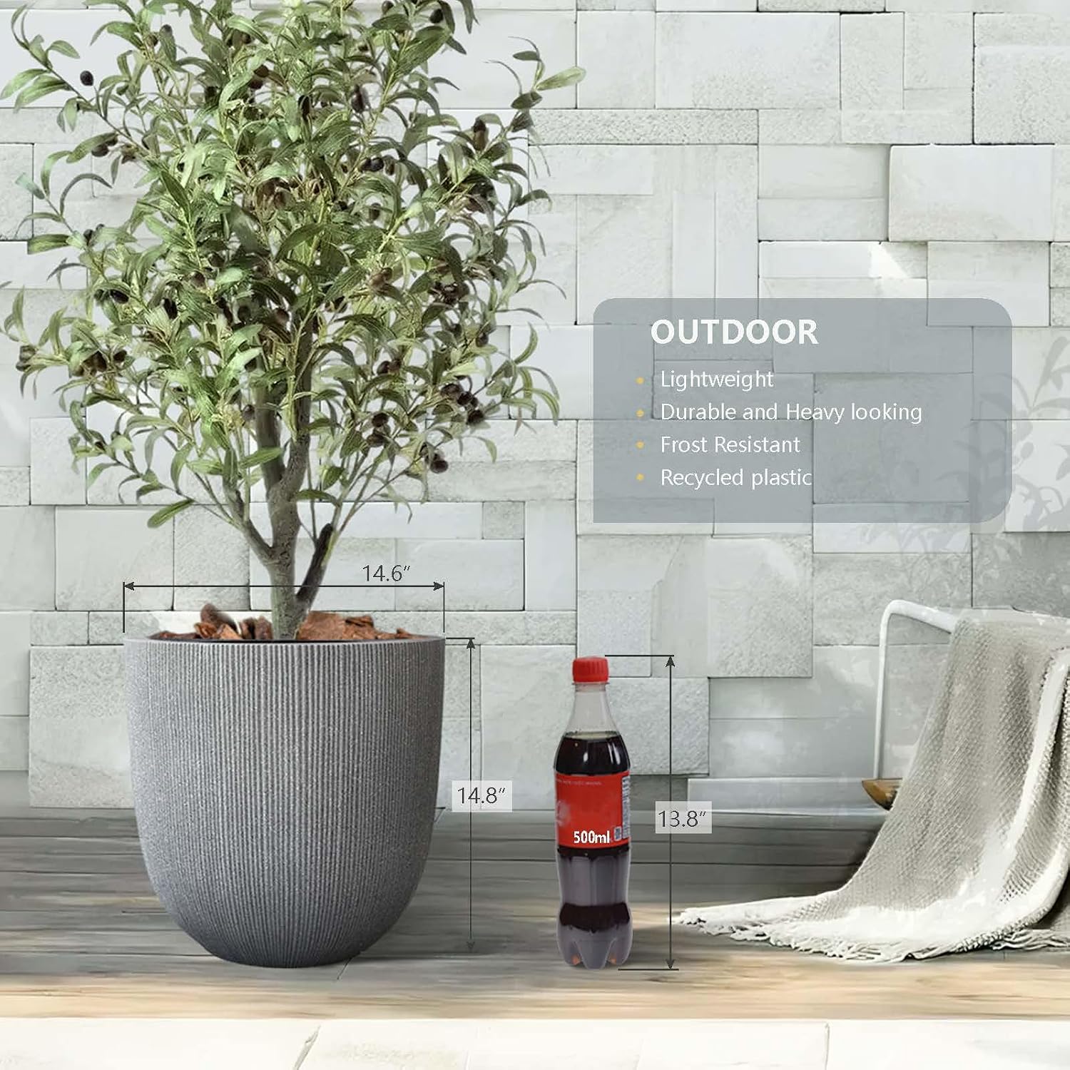 14.8"H Tall Tapered Ribbed Large Plastic Planter w/ Drainage Hole & Plug | Durable & Weatherproof, Indoor Outdoor Use