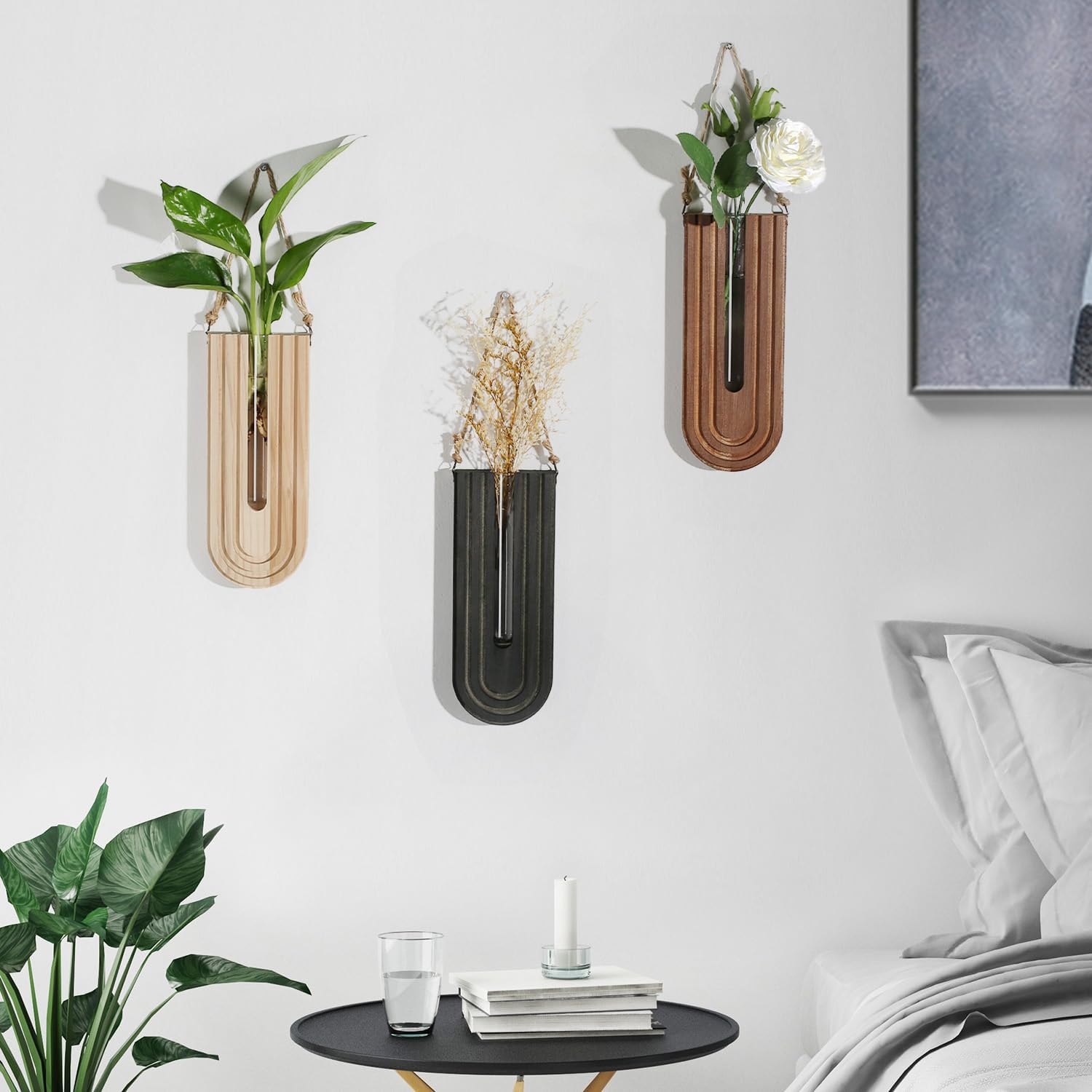 Dnnnii Indoor Wood Wall Planter Set of 3 for Plants - Boho Handmade Hanging Propagation Station with Curved Rainbow
