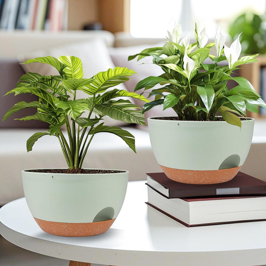 Vanslogreen Plant Pots 12inch Self Watering Pots, Set of 2 Plastic Planters with Drainage Holes and Saucers, Flower