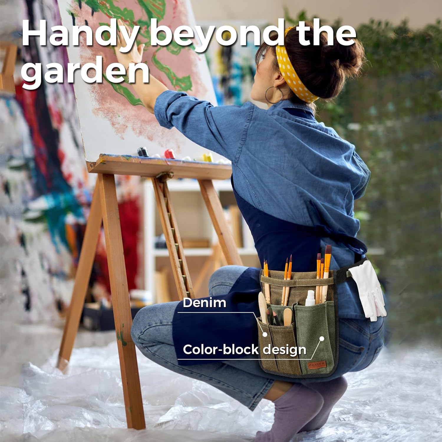 Garden Tool Belt for Women & Men, Slim Denim Garden Apron with 4 Pockets, Lightweight Adjustable Tool Pouch for