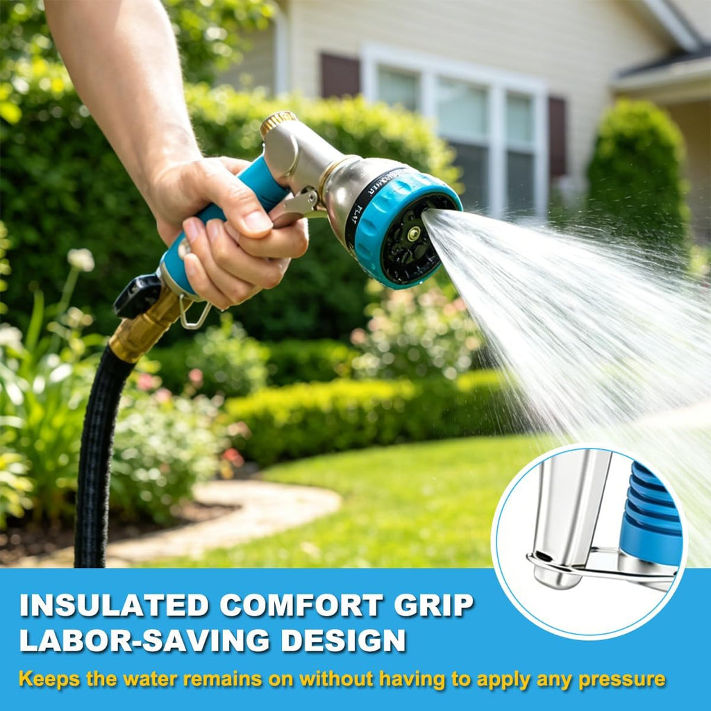 FANHAO Metal Garden Hose Nozzle Heavy Duty, 8 Spray Patterns, High Pressure | Comfortable Non-Slip Handle, Hands-Free